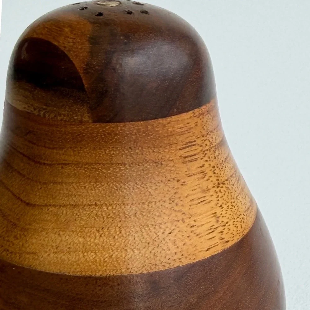 Vintage Hand Turned Wood Salt Shaker‎ Brown Mid Century Modern Pear